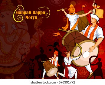 Lord Ganpati in vector for Happy Ganesh Chaturthi festival celebration of India with people celebrating dhol tasha with text meaning My Father Ganapati