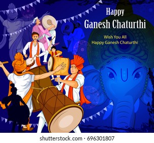 Lord Ganpati in vector for Happy Ganesh Chaturthi festival celebration of India with people celebrating dhol tasha