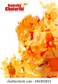 Lord Ganpati in vector for Happy Ganesh Chaturthi festival celebration of India with people celebrating dhol tasha
