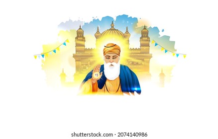 Lord Guru Nanak dev para el festival indio Gurpurab prakash parv celebración y Jayanti con ilustración vectorial del templo de oro decorada