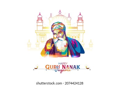 Lord Guru Nanak dev for Indian festival Gurpurab prakash parv celebration and Jayanti with decorated golden temple vector illustration
