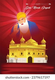 Lord Guru Nanak dev for Indian festival Gurpurab prakash parv celebration with golden temple vector illustration