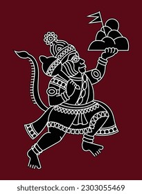 lord Hanuman carrying Dronagiri mountain drawn in Pinguli folk art style of Maharashtra India. Ramayan great Hindu epic, for textile printing, logo, wallpaper