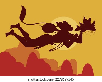 Lord Hanuman flying with carrying a large hill.vector illustration.