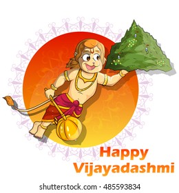 Lord Hanuman flying with Gandamadana parvatham in Happy Vijayadashmi Dussehra background