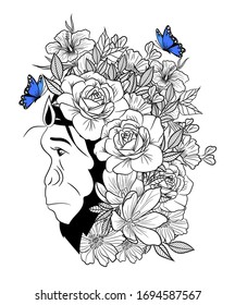 Lord Hanuman graphic floral illustration design with colorful bule butterfly.