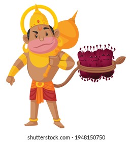 Lord hanuman is holding coronavirus with his tail. Vector graphic illustration. Individually on a white background.