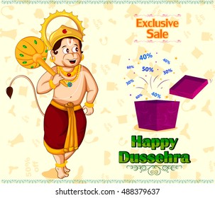 Lord Hanuman offering Happy Dussehra promotion discount offer in vector