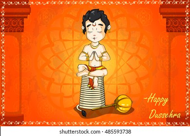 Lord Hanuman praying for Rama in Happy Dussehra background in vector