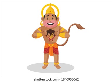 Lord Hanuman is showing Lord Rama and Goddess Sita in his chest. Vector graphic illustration. Individually on a white background.