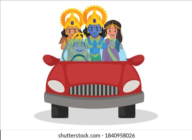 Lord Hanuman is sitting in the car with Lord Rama, Goddess Sita, and Lakshman and driving it. Vector cartoon illustration. Isolated on a white background.