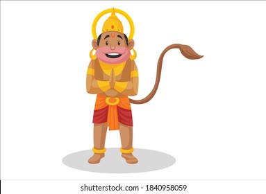 Lord Hanuman is standing with greet hands. Vector cartoon illustration. Isolated on a white background.