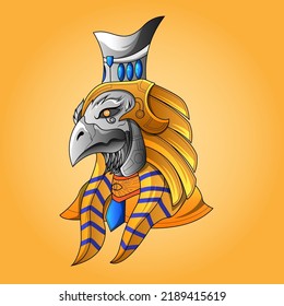 The lord of Horus Pharaoh God Face and head Egyptian Eagle esport logo. Pharaonic wings and the key to life and the Egyptian Eternal Sun mascot logo design