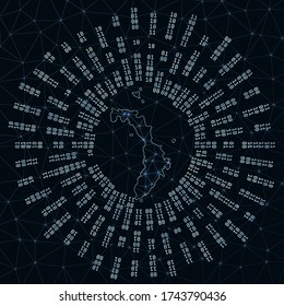 Lord Howe Island digital map. Binary rays radiating around glowing island. Internet connections and data exchange design. Vector illustration.