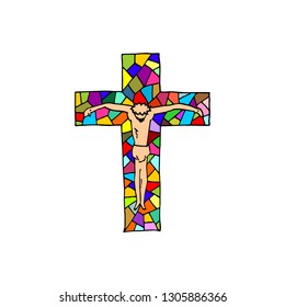 Lord Jesus on the cross. Cross drawn by hand. Mosaic style. Christian and biblical symbols.