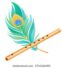 Lord Krishna bansuri flute with peacock feather, sacred Hindu symbol vector illustration