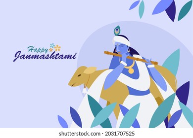 Lord Krishna with a cow. Indian festival Janmashtami greeting background