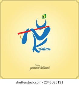 Lord Krishna creative typography with Happy janmashtami text vector illustration on the yellow background.