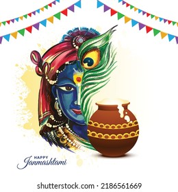 Lord Krishna dahi handi in happy janmashtami festival card background