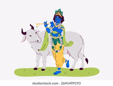 Lord Krishna dancing and plays the flute (bansuri). Indian God of Hindu. Vector illustration. Happy Janmashtami. Traditional festival of India. White cow.