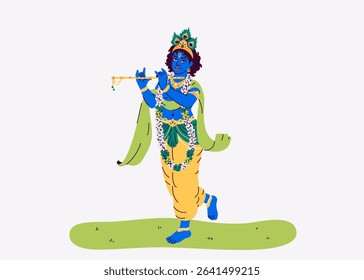 Lord Krishna dancing and plays the flute (bansuri). Indian God of Hindu. Vector illustration. Happy Janmashtami. Traditional festival of India.