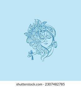 lord krishna face con peacock design line Drawing para janmashtami