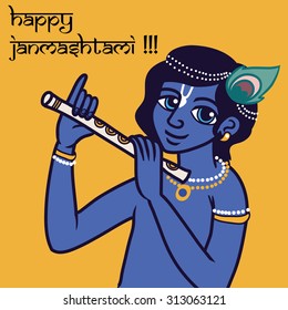 Lord Krishna with  flute. Janmashtami background. For print or web congratulations.