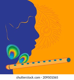 Lord Krishna. Flute and silhouette of face. Bansuri with Peacock feather. Vector frame, page design. On orange color background. For Janmasthami.