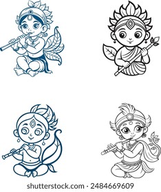  Lord Krishna with flute vector Illustration