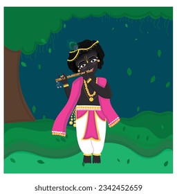 Lord Krishna In Forest Playing Flute