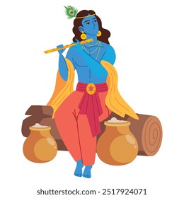 lord krishna god with flute and kalash isolated