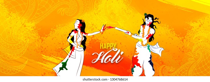 Lord Krishna With Goddess Radha Celebrating Festival Of Colors On Abstract Floral Background. Holi Festival Celebration Header Or Banner Design.