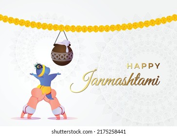 Lord Krishna in Happy Janmashtami festival card background 