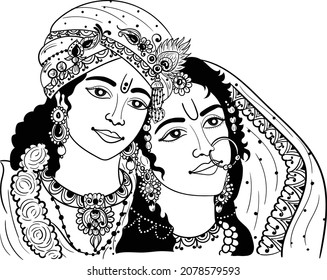 Lord Krishna and his beloved Radha stand in a soft embrace with flutes in their hands. Sketch the black line on a white background.