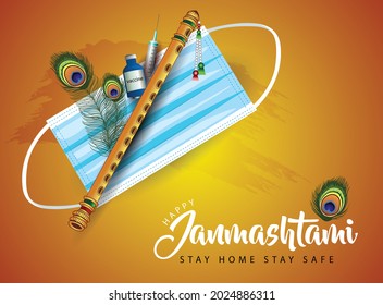 Lord Krishna Indian God happy Janmashtami festival. covid 19, corona virus concept. vector illustration