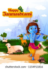 Lord Krishna Indian God Janmashtami festival holiday. Vector illustration