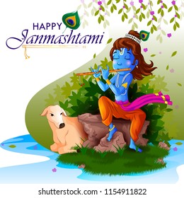 Lord Krishna Indian God Janmashtami festival holiday. Vector illustration