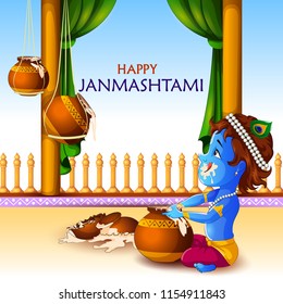 Lord Krishna Indian God Janmashtami festival holiday. Vector illustration