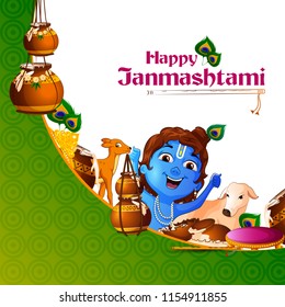 Lord Krishna Indian God Janmashtami festival holiday. Vector illustration