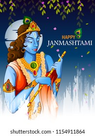 Lord Krishna Indian God Janmashtami festival holiday. Vector illustration