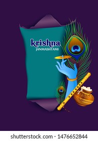 Lord Krishna Indian God Janmashtami festival holiday. Vector illustration