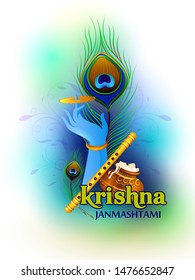 Lord Krishna Indian God Janmashtami festival holiday. Vector illustration