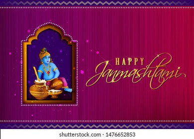 Lord Krishna Indian God Janmashtami festival holiday. Vector illustration