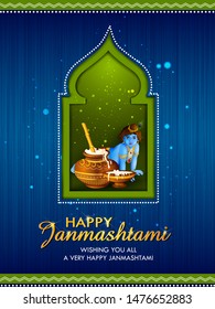 Lord Krishna Indian God Janmashtami festival holiday. Vector illustration