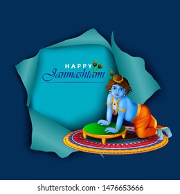 Lord Krishna Indian God Janmashtami festival holiday. Vector illustration