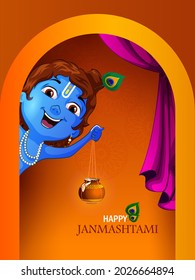 Lord Krishna Indian God Janmashtami festival holiday. Vector illustration