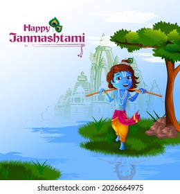 Lord Krishna Indian God Janmashtami festival holiday. Vector illustration