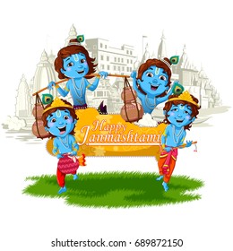 Lord Krishna Indian God Janmashtami festival holiday. Vector illustration