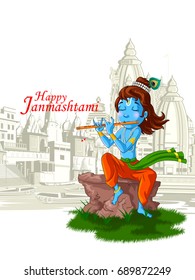 Lord Krishna Indian God Janmashtami festival holiday. Vector illustration