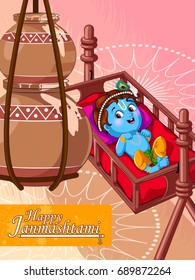 Lord Krishna Indian God Janmashtami festival holiday. Vector illustration